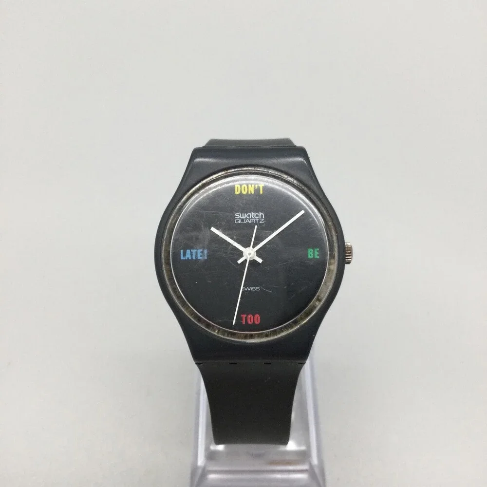 Vintage Swatch Mens Watch 33mm Black Dial Don't Be Too Late Not Running